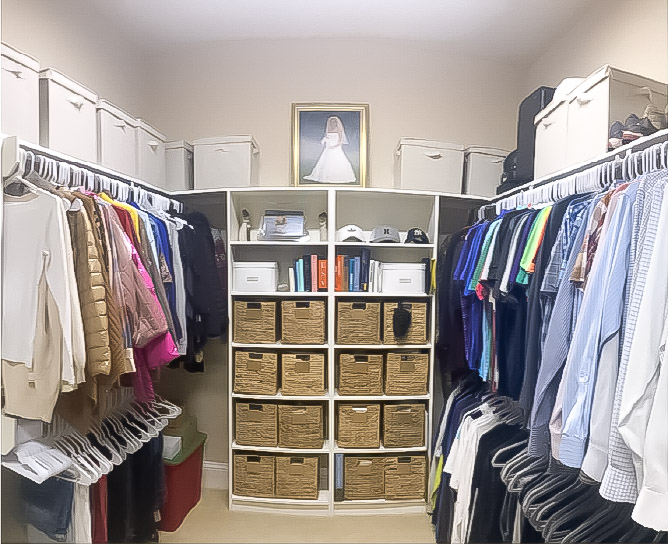 After Clutter Free PHD services of closet organization showcasing an organized closet. Color coordinated clothing, matching woven baskets to store socks etc.