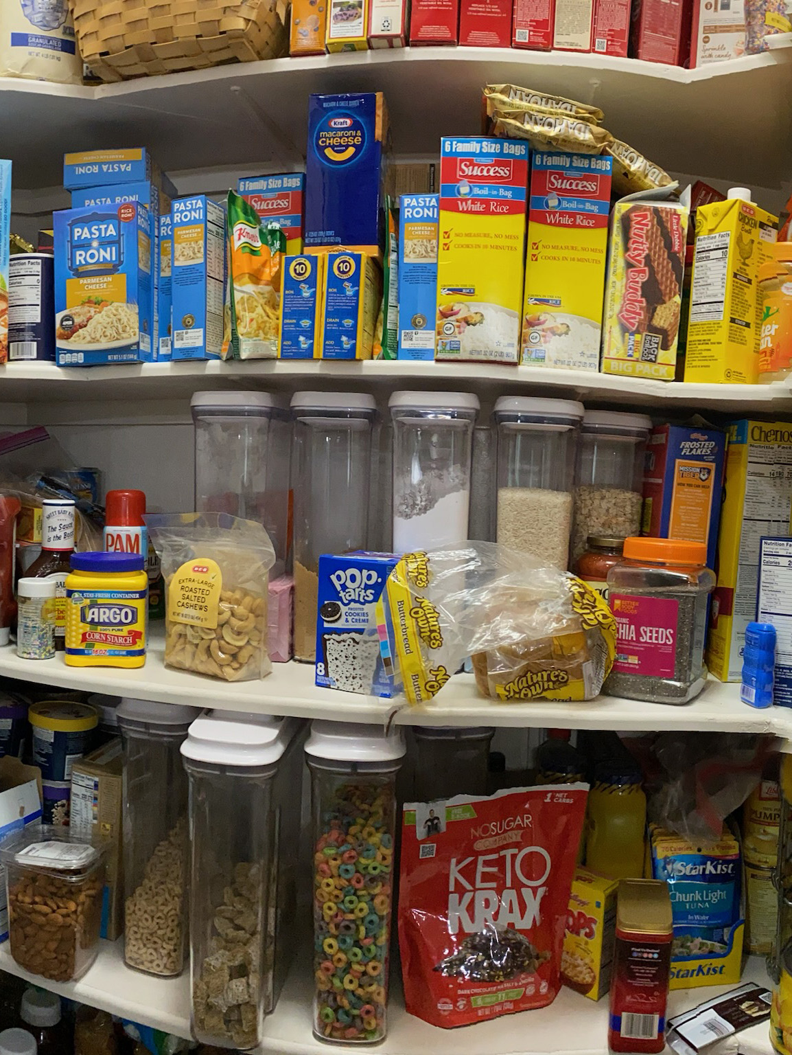 Before photo of a cluttered pantry that would be organization by our company ClutterFree PHD. We offer in-person services for Boerne, Texas with professional in-person services from our organizing company.